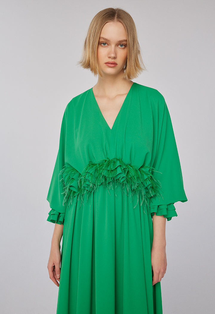 Choice Ruffle Fringe Tiered Solid Dress Green