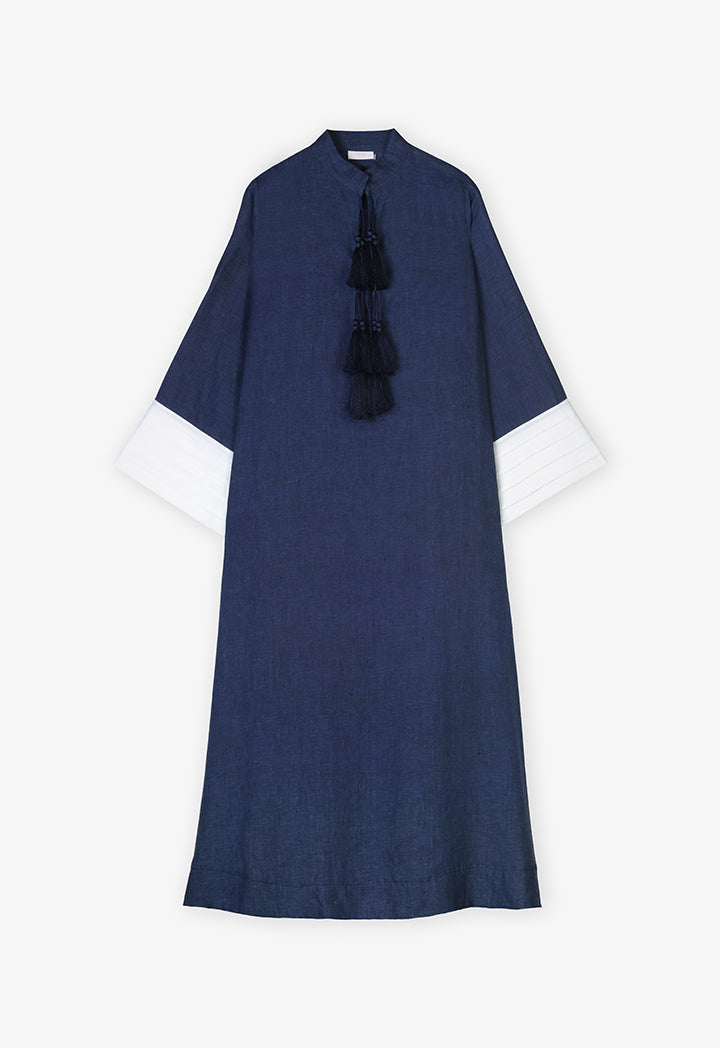 Choice Contrast Color Dress With Tassel Blue