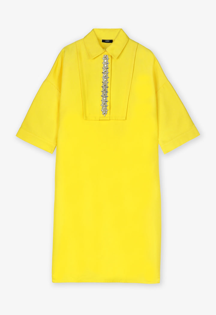 Choice Shirt Collar Embellished Crystal Dress Yellow