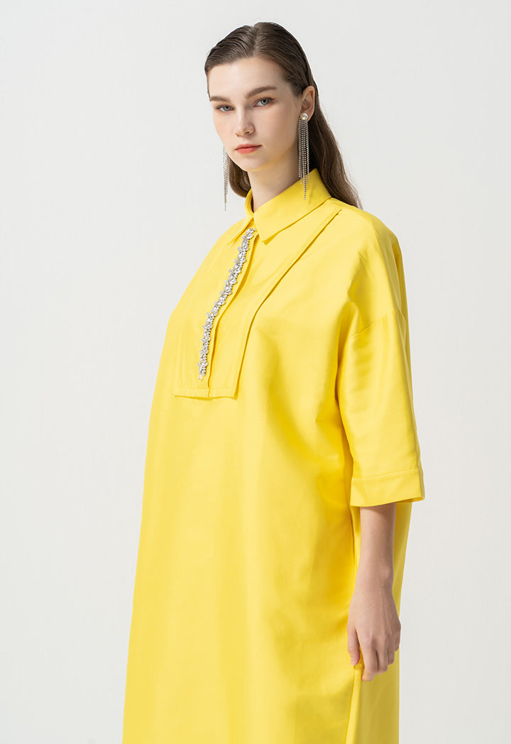 Choice Shirt Collar Embellished Crystal Dress Yellow