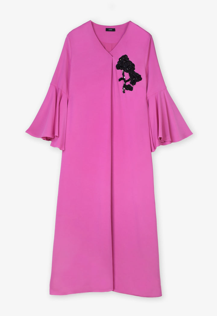 Choice Solid Oversize Embellished Beaded Patch Dress Fushia
