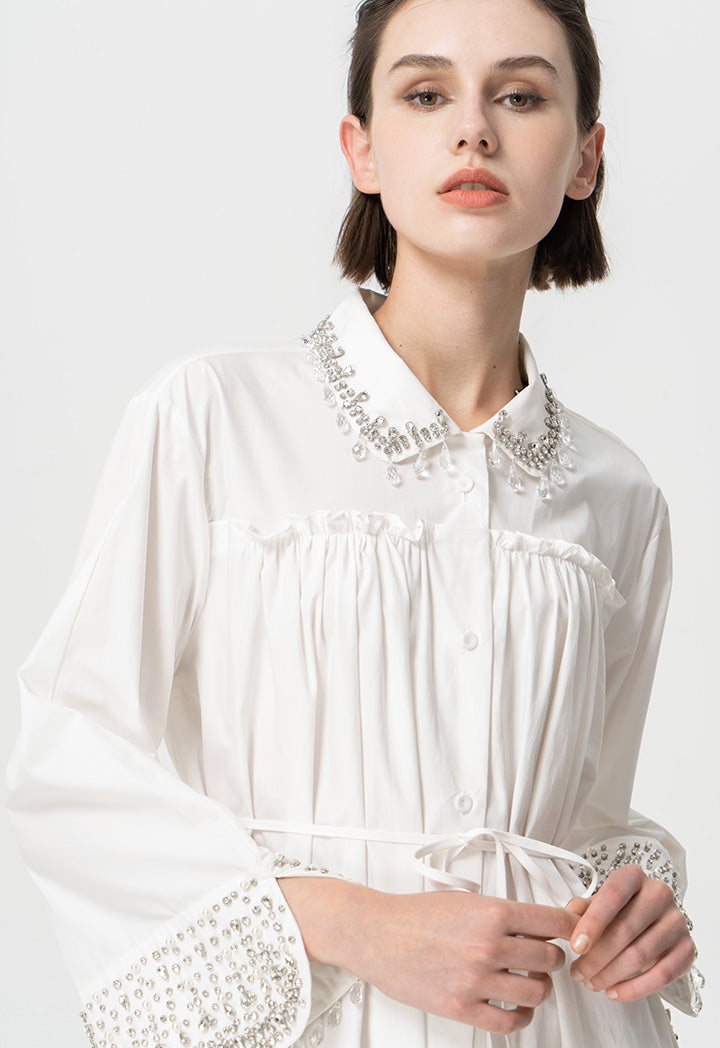 Choice Embellished Crystal Belted Shirt Dress Offwhite