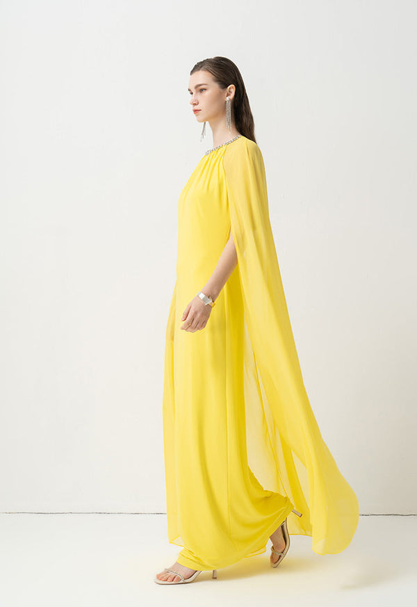 Choice Round Neck Embellished Rhinestone Maxi Dress Yellow