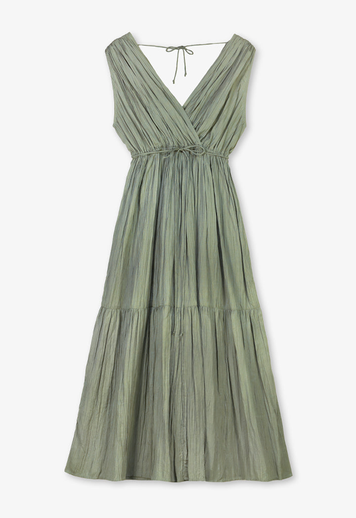 Choice Solid Pleated Sleeveless Dress - Ramadan Style Light Khaki