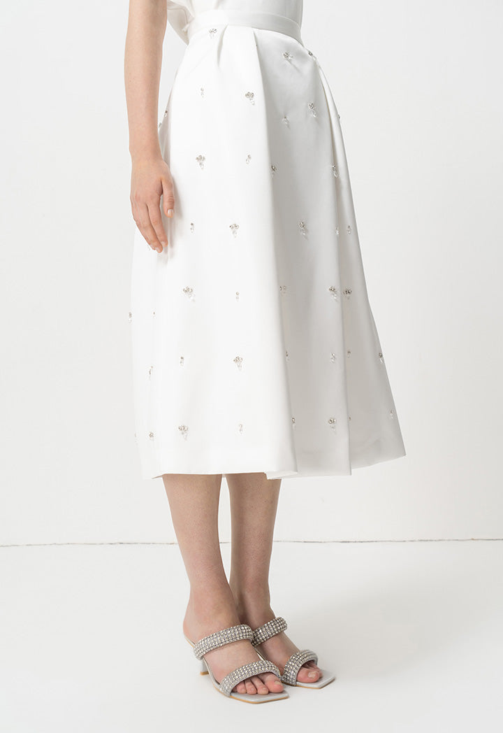 Choice Embellished Rhinestone Pleated Midi Skirt Offwhite