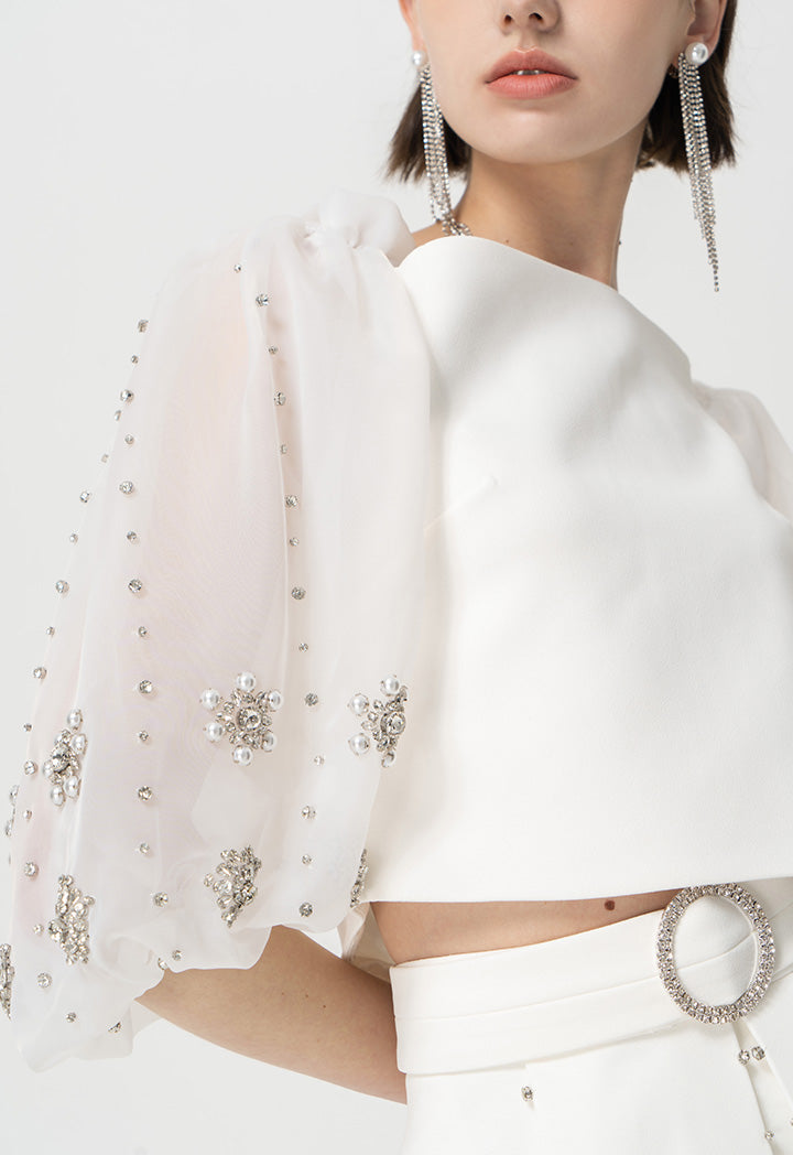 Choice Crystal Embellished Off Shoulder Crop Party Blouse  Offwhite
