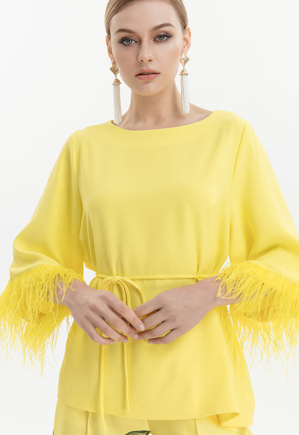Choice Solid Blouse With Feather Details Yellow