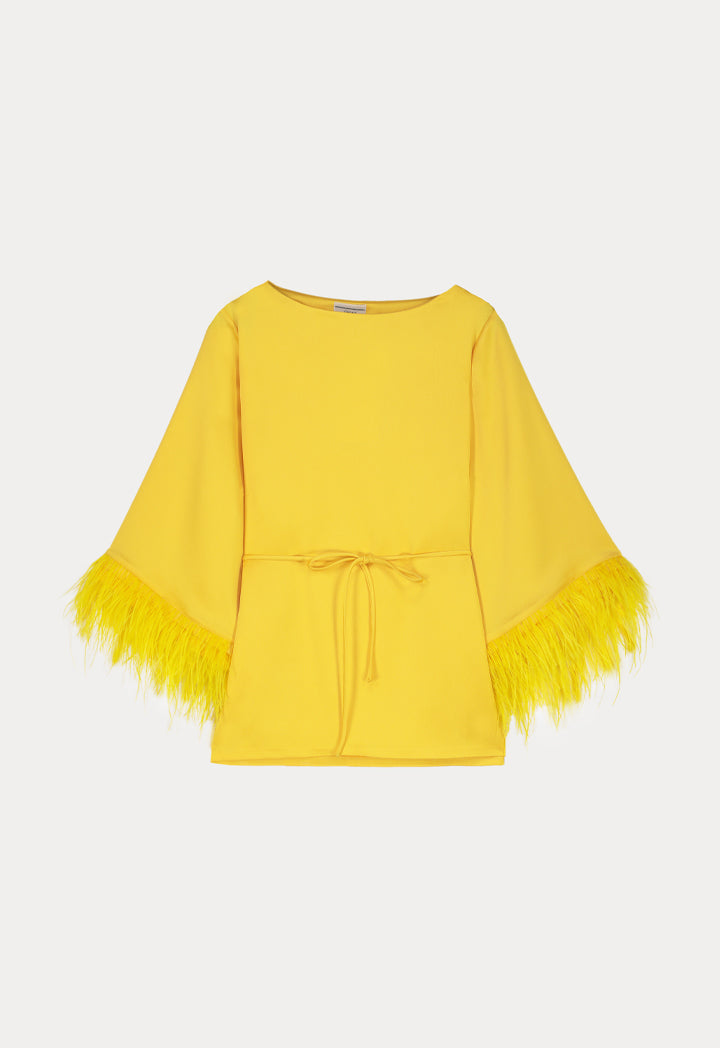 Choice Solid Blouse With Feather Details Yellow