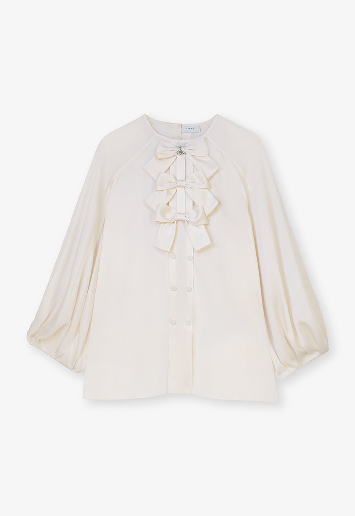 Choice Round Neck Embellished Crystal Ribbon Blouse Cream