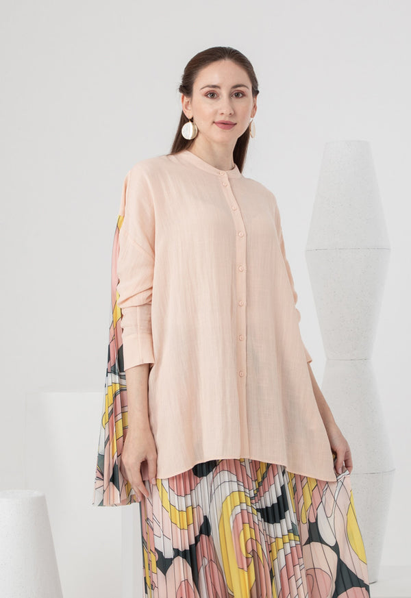 Choice Oversized Back Pleated Mandarin Collar Shirt Pink