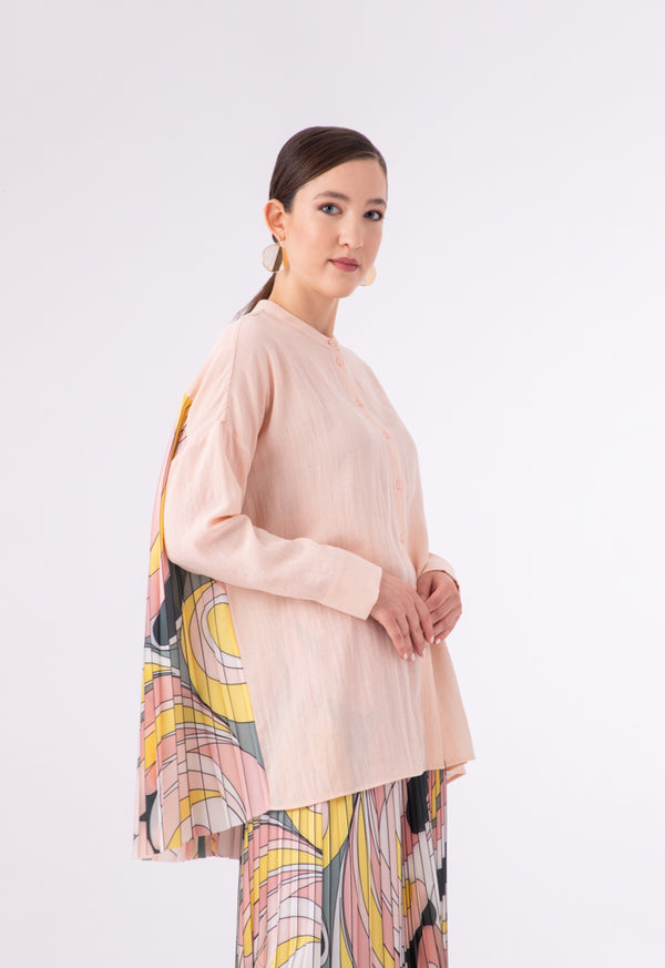 Choice Oversized Back Pleated Mandarin Collar Shirt Pink