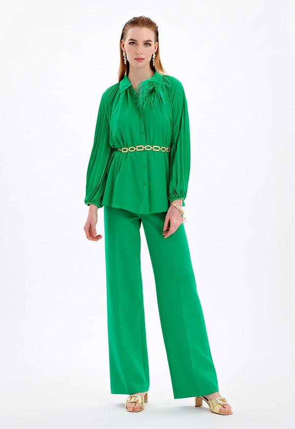 Choice Solid Shirt With Pleated Details Green