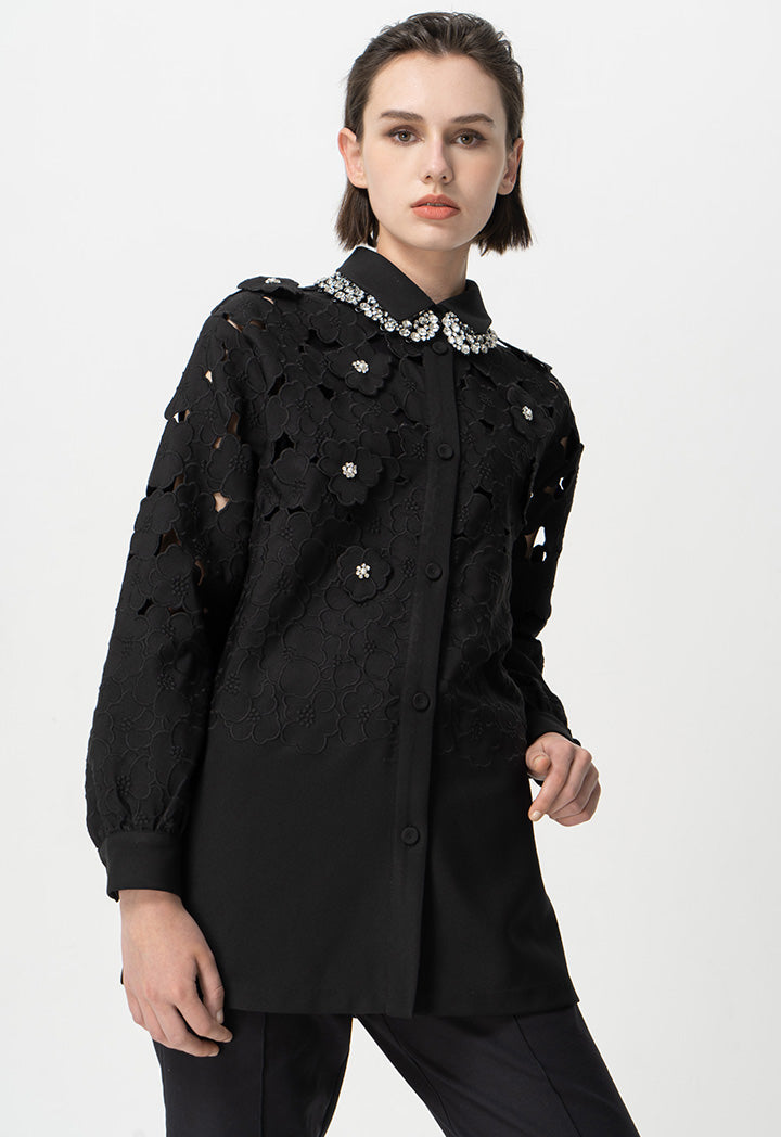 Choice Solid Long Sleeves Embellished Rhinestone Shirt Black