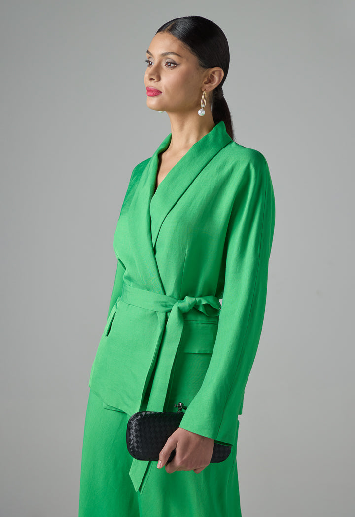 Choice Long Sleeve Belted Solid Blazer Green