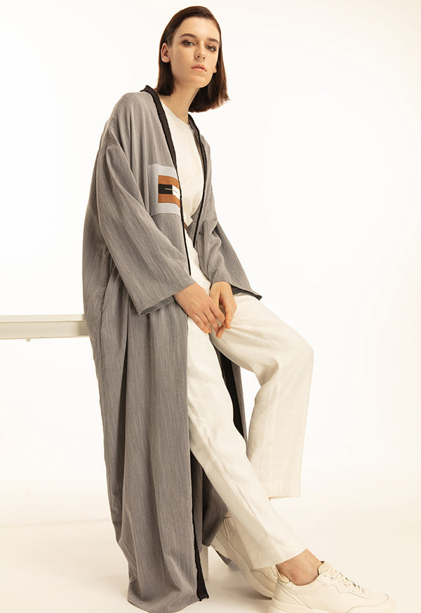 Choice Frayed Trim Open Front Kimono Outerwear Grey Melange