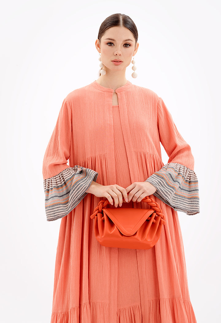 Choice Sleeved Open Front Abaya With Striped Hems-Ramadan Style Brick