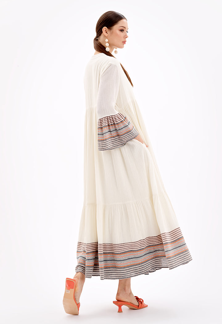 Choice Sleeved Open Front Abaya With Striped Hems-Ramadan Style Off White