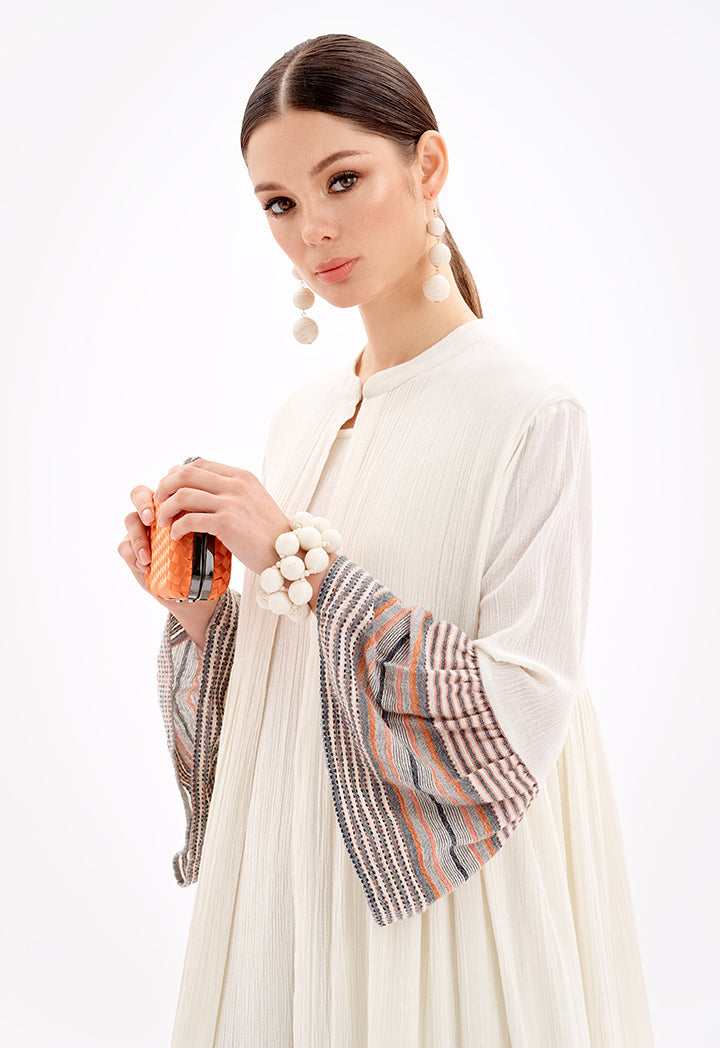 Choice Sleeved Open Front Abaya With Striped Hems-Ramadan Style Off White