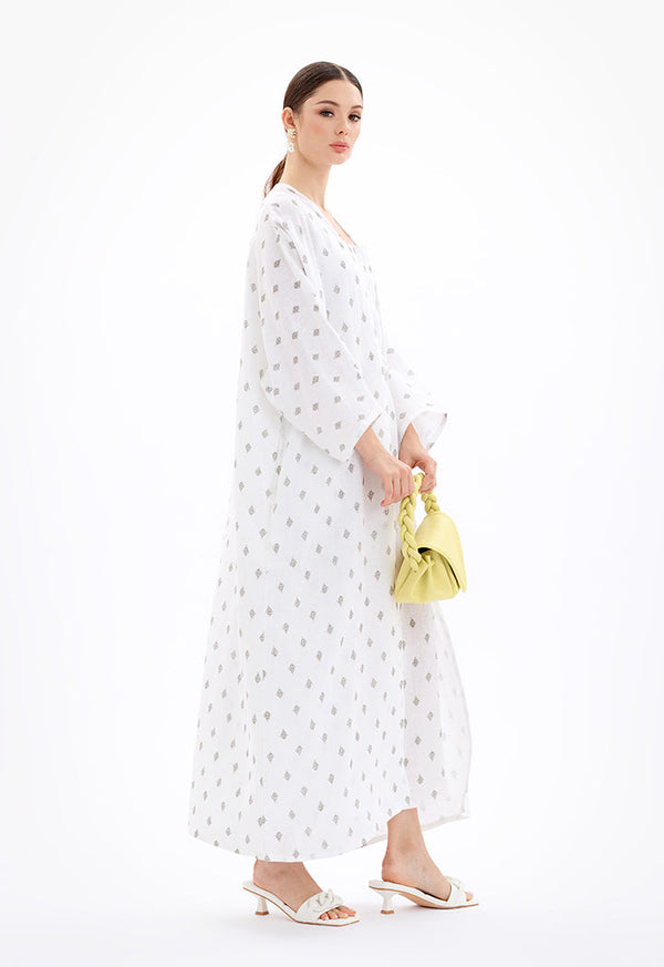 Choice Maxi Open Front Printed Kimono With Chunky Belt-Ramadan Style Off White