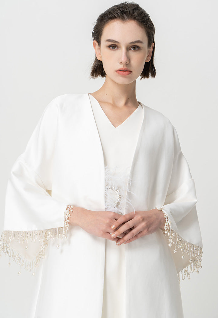 Choice Pearl Detailed Open Front Maxi Abaya With Self Tie Belt Offwhite