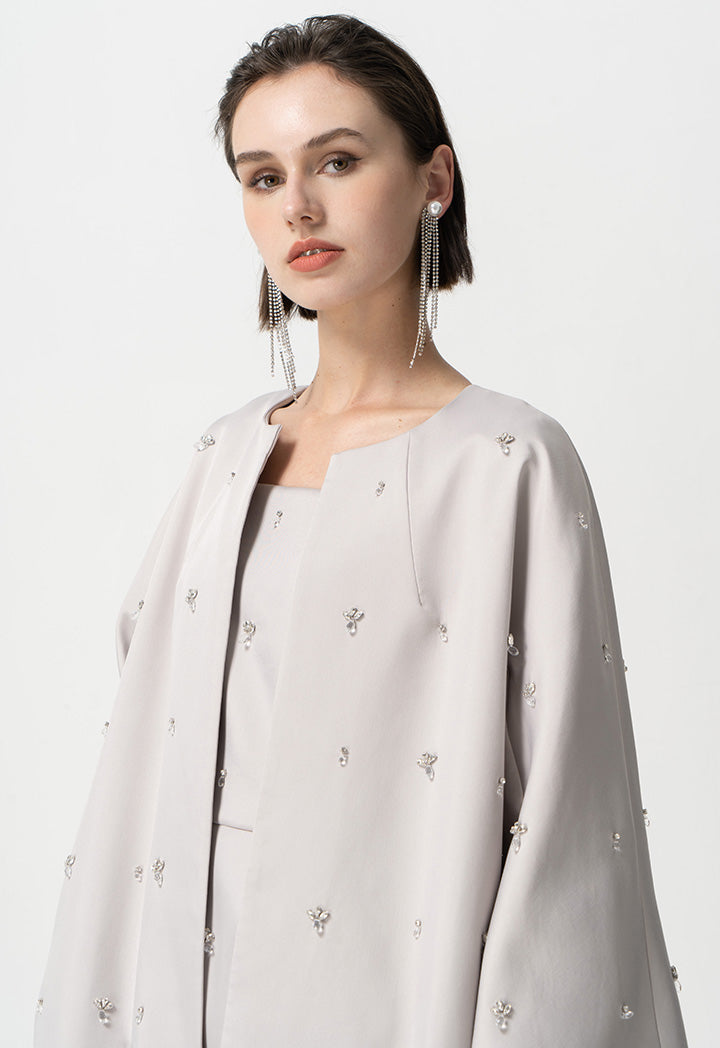 Choice  Long Sleeves Embellished Rhinestone Maxi Abaya Grey