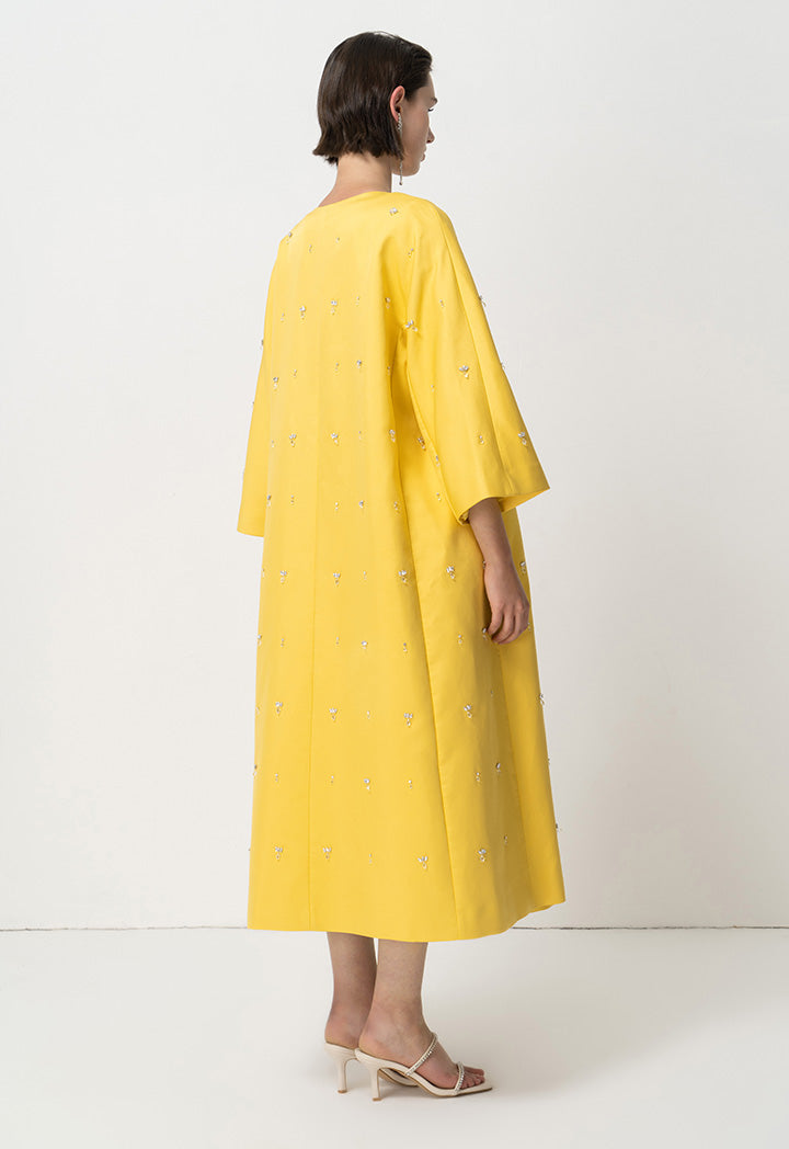 Choice  Long Sleeves Embellished Rhinestone Maxi Abaya Yellow