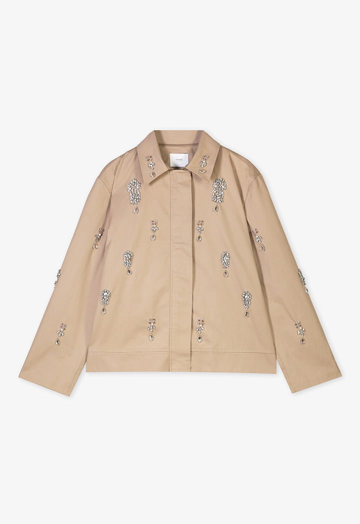 Choice Solid Embellished Rhinestones Jacket Beige
