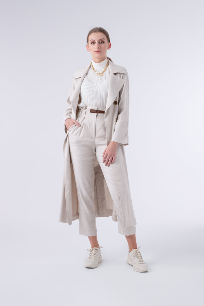 Choice Double Breasted 6-Button Notched Lapel Trench Coat Beige