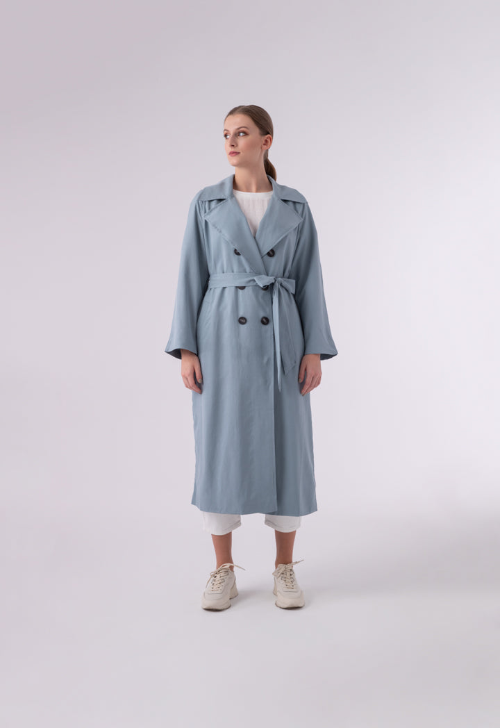 Choice Double Breasted 6-Button Notched Lapel Trench Coat Blue