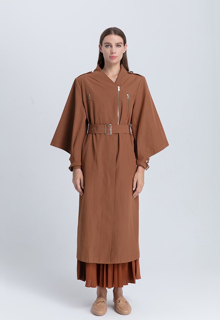 Choice Solid Color Belted Cuffed Sleeve Trench Coat Tabacco