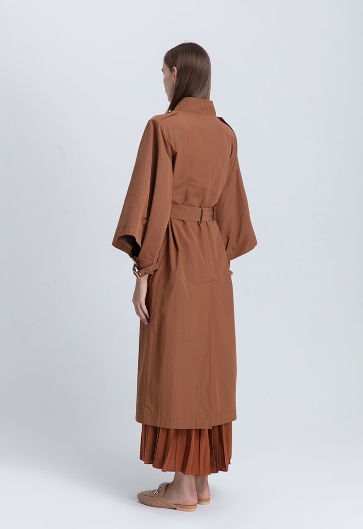 Choice Solid Color Belted Cuffed Sleeve Trench Coat Tabacco