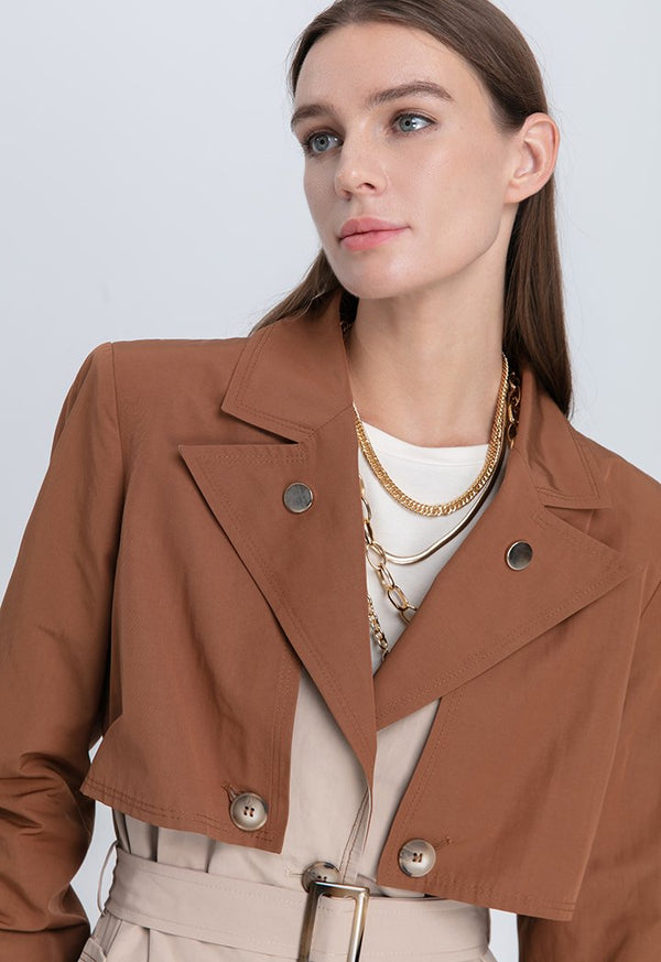 Choice Double Breasted Two Tone Belted Trench Coat Beige-Tabacco