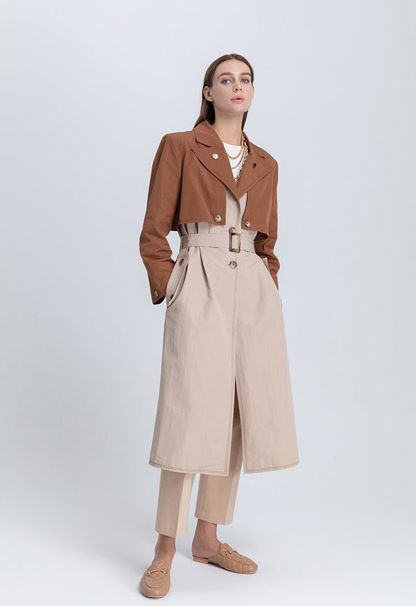 Choice Double Breasted Two Tone Belted Trench Coat Beige-Tabacco