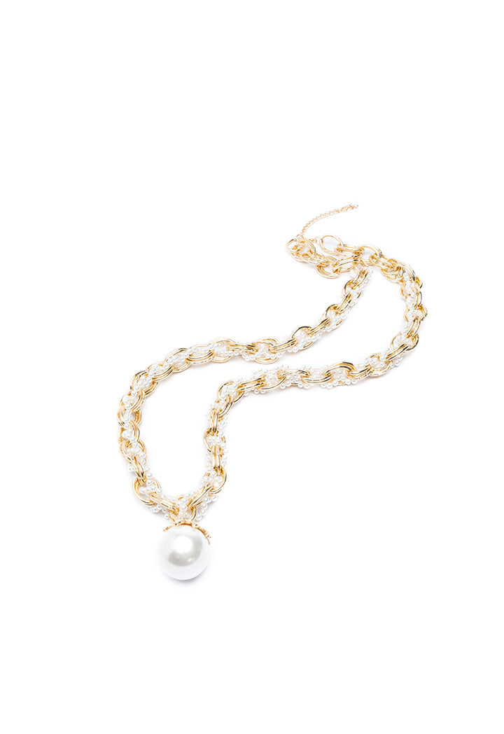 Choice Two Tone Chain Link Twist Braid Pearl Rhinestone Necklace Offwhite-Gold