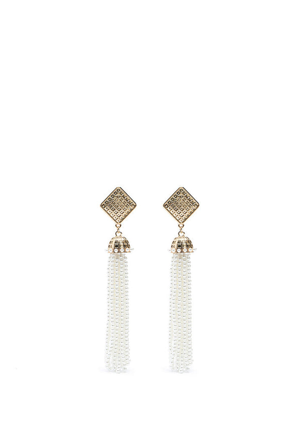 Choice Pearly Beaded Tassel Earrings White-Gold