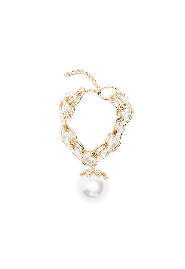 Choice Two Tone Chain Link Twist Braid Pearl Rhinestone Bracelet Gold  - White