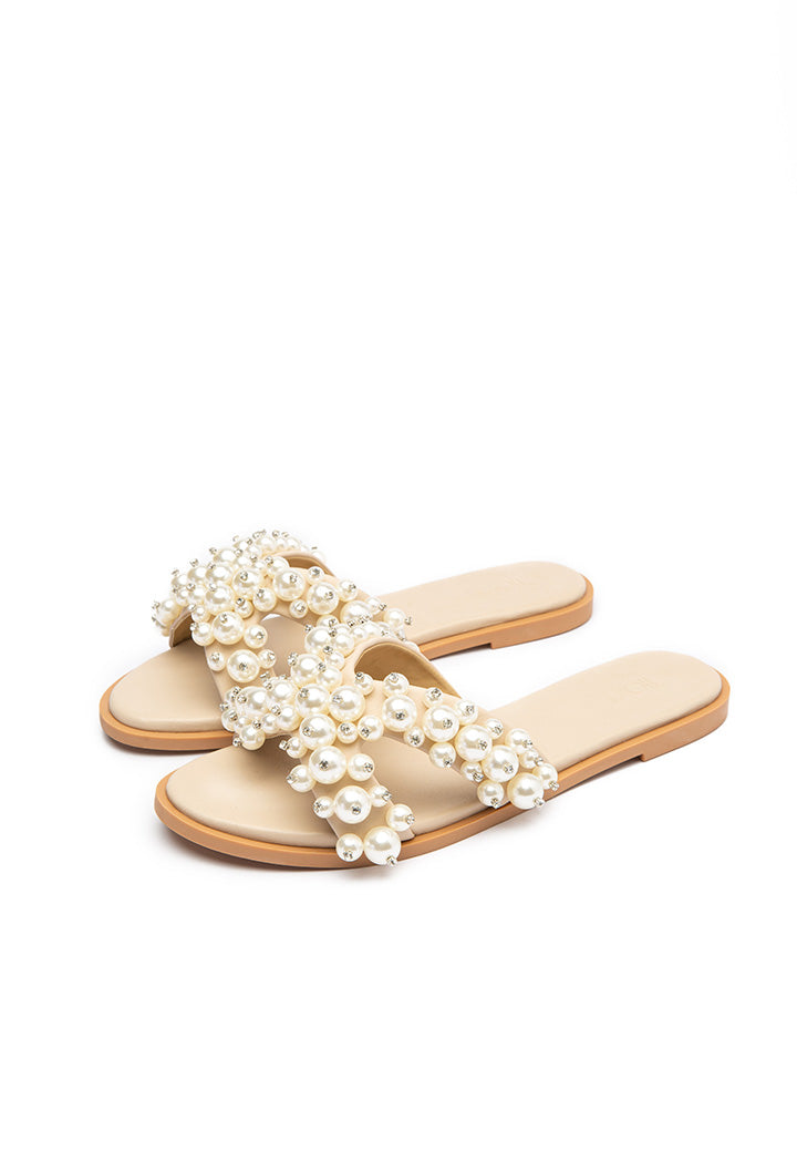 Choice Pearly Beaded Rhinestones Studded Slides Sandals Off White-Beige-Cream