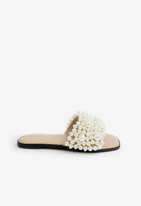 Choice Faux Pearls Wide Strap Flats Beige