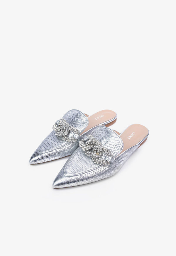 Choice Embellished Snake Textured Leather Mules Silver