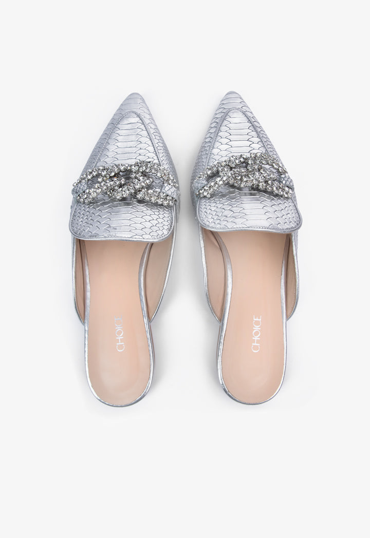Choice Embellished Snake Textured Leather Mules Silver