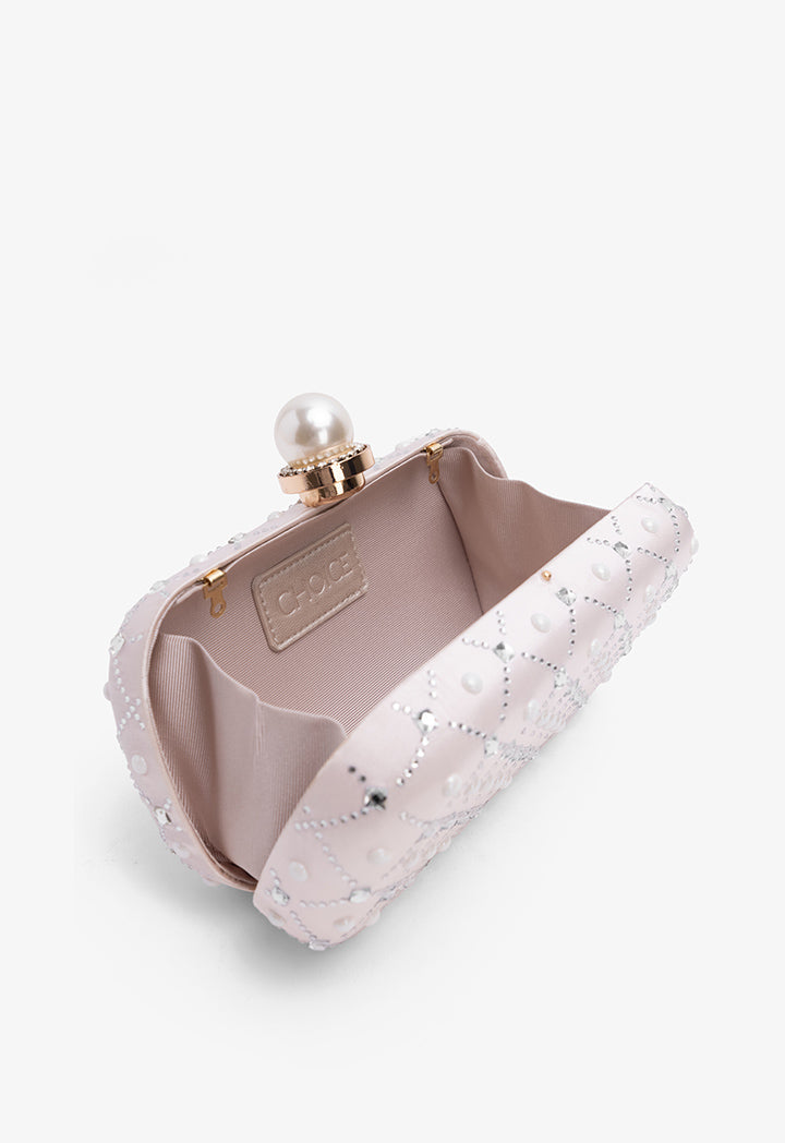 Choice Crystal And Faux Pearls Embellished Clutch Light Pink