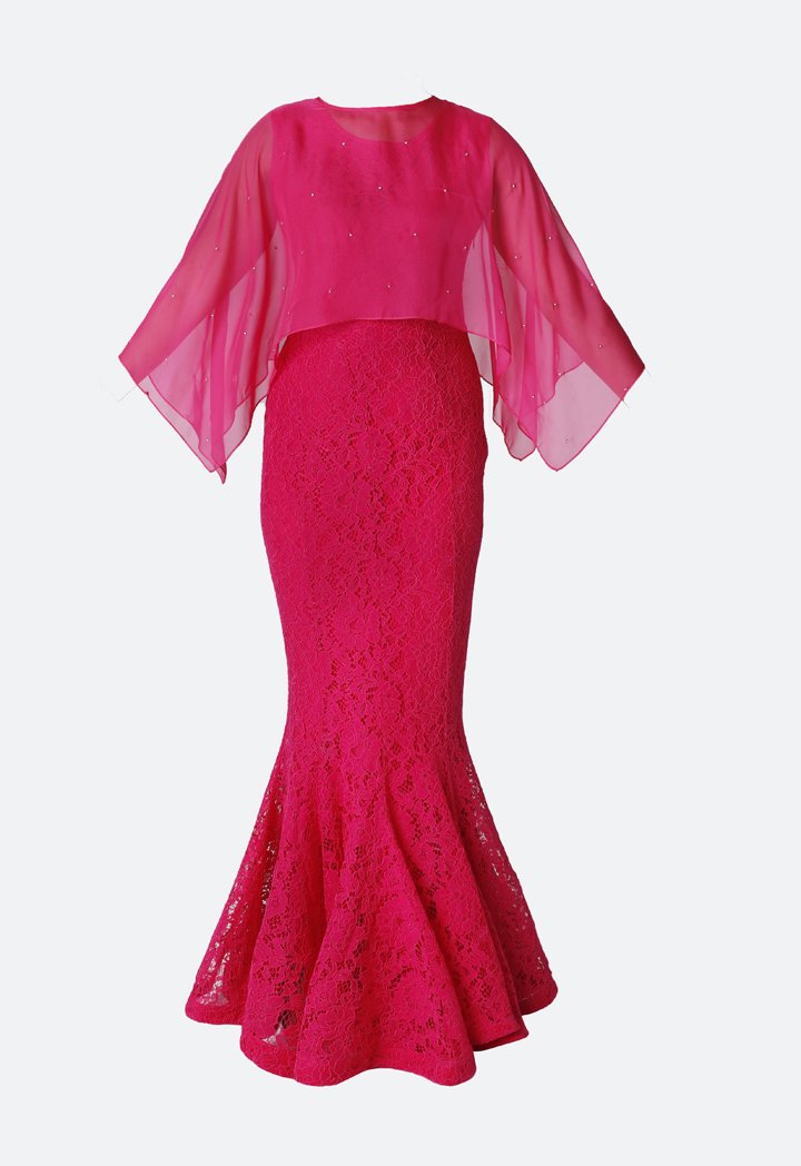 Choice Overlay Chiffon Mermaid Dress Fuchsia