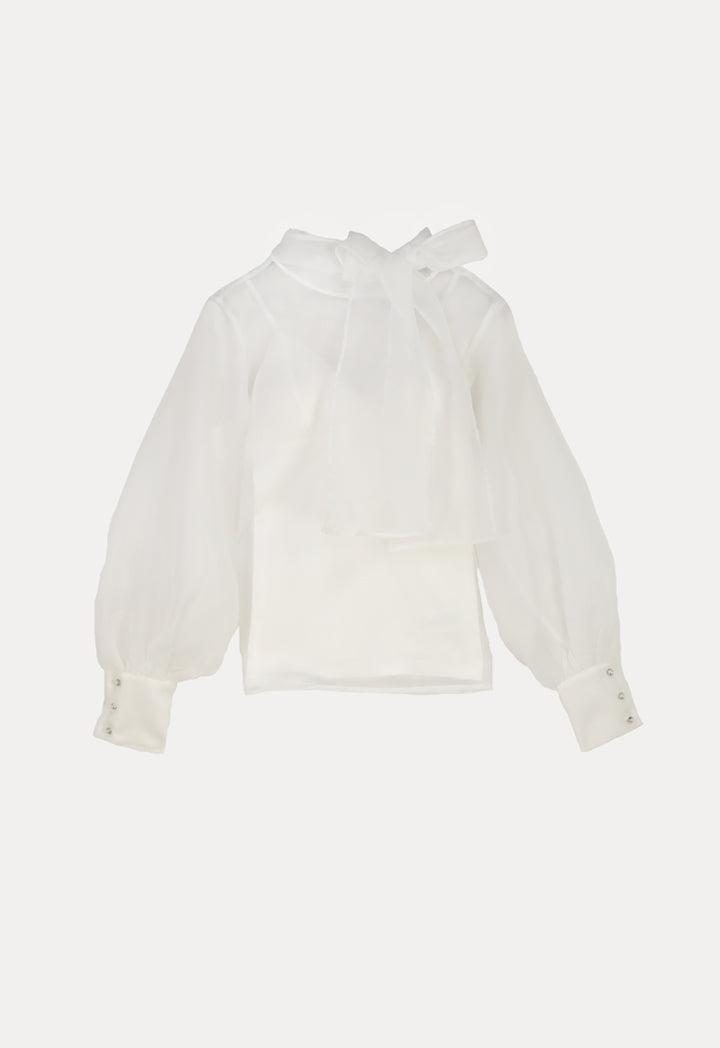 Choice Back Bow Tie Neck Organza Blouse Off White