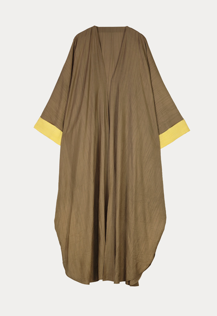 Choice Solid Abaya With Contrast Sleeve Hem Khaki