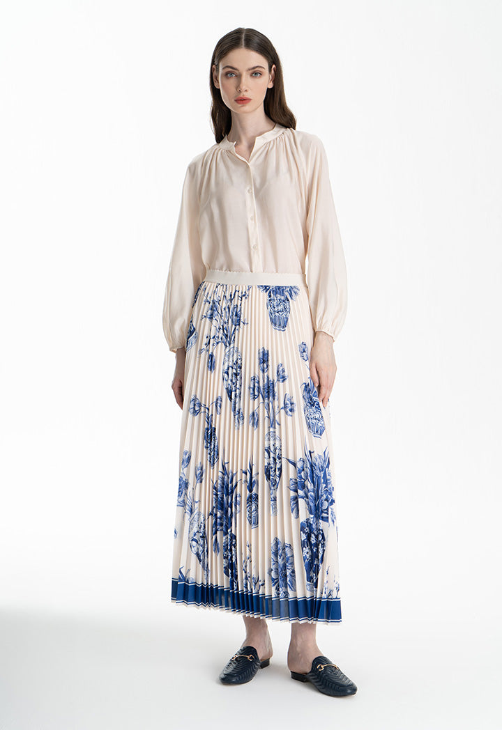 Choice Floral Print Pleated Flared Skirt Indigo