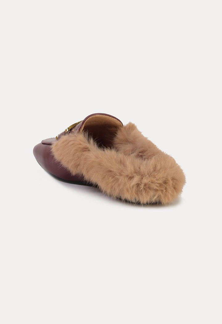 Choice Faux Leather Fur Loafer Mules Shoes Burgundy