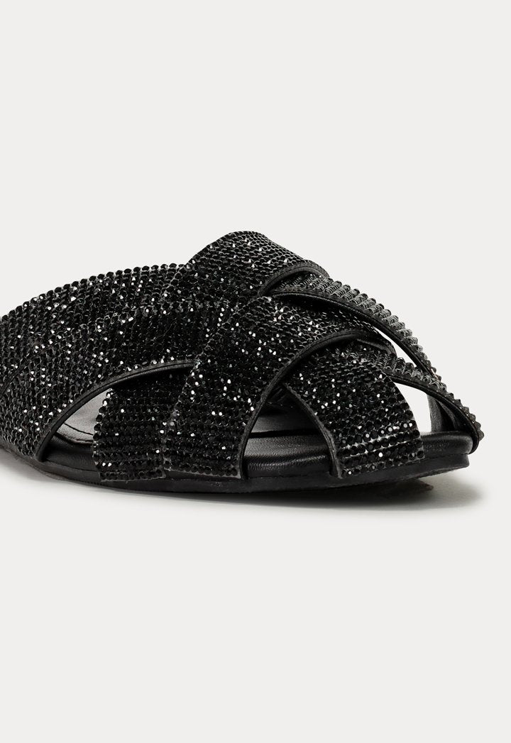 Choice Criss Cross Rhinestone Strap Flat Mules Black - Wardrobe Fashion