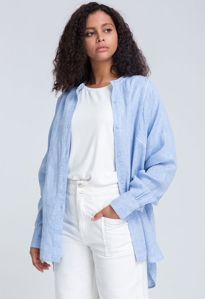 Choice Insertion Lace Melange Linen Shirt Blue