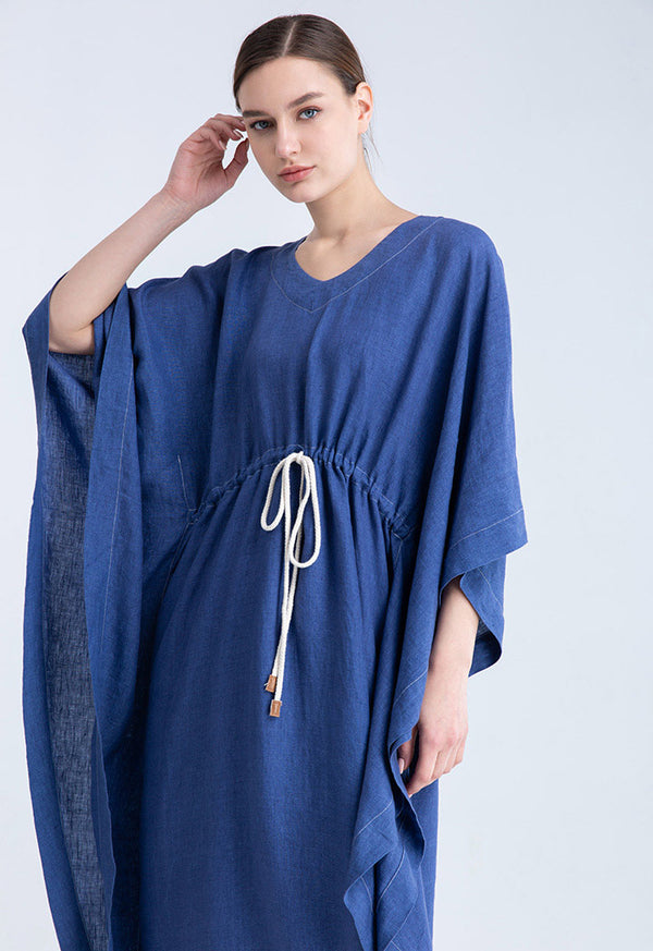 Choice Waist Drawstring Indigo Linen Kaftan Dress Indigo Blue