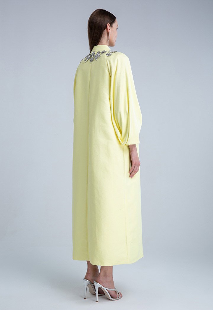 Choice Clear Crystal Embellished Pleated Sleeve Outerwear Yellow